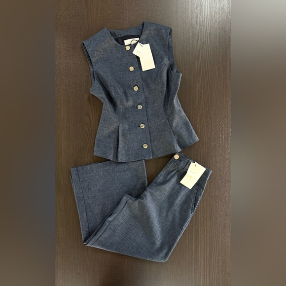 Tailored Sleeveless Button-Front Denim Vest & Wide-Leg Pants Set - Denim - Picture 10 of 15